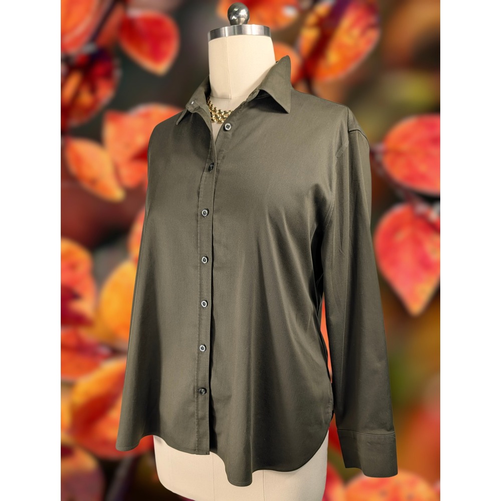 Chico's Women Size 4 US 20 Olive Green Button Down Long Sleeve Cotton Shirt